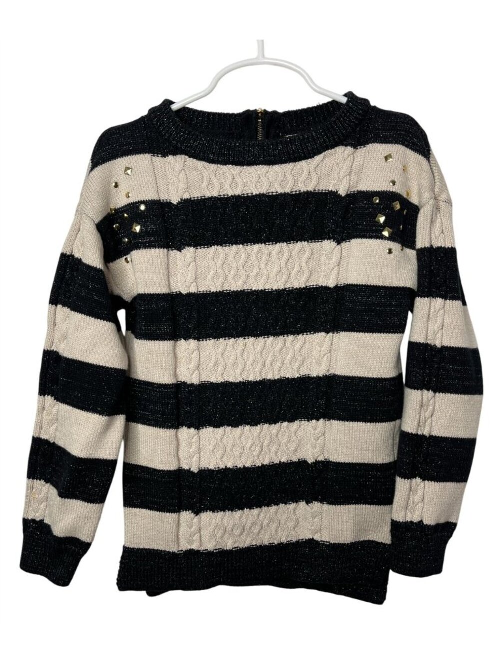Mayoral Girls Size 8 Sweater Black Tan Metallic Stripe Knit Stud Detail